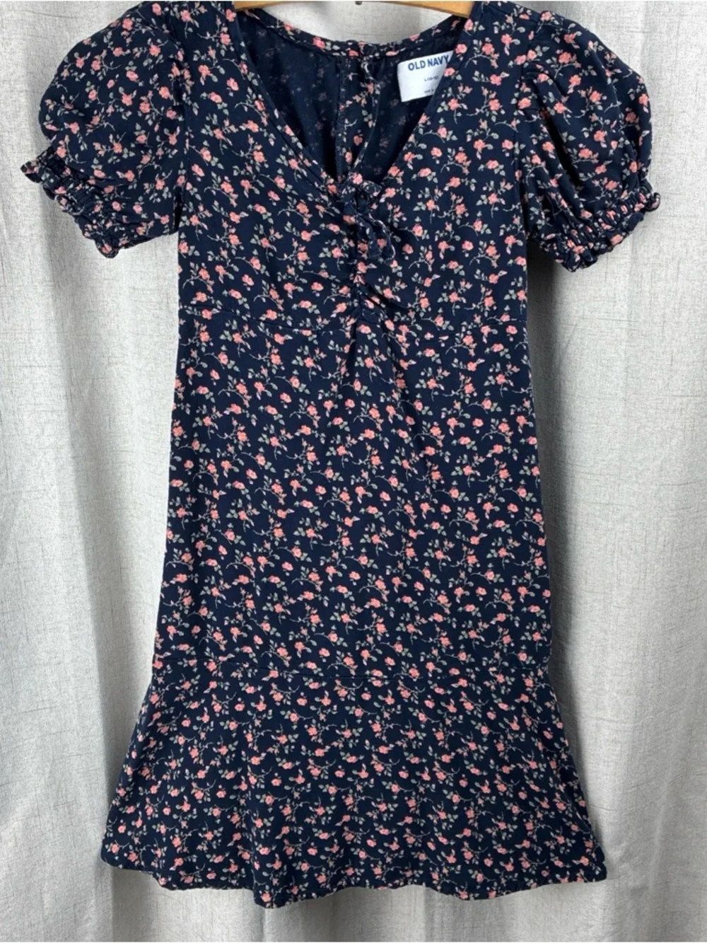 Old Navy Dress Girls Ditsy Floral Dark Blue Aline Cottagecore Prarie L 10-12